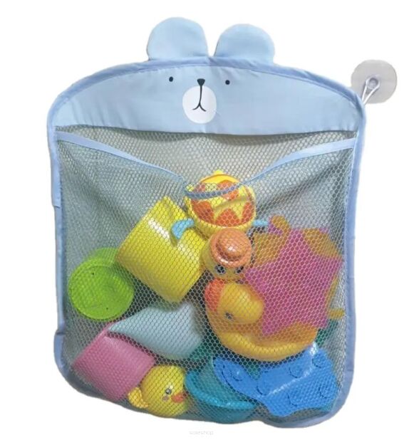 NIEBIESKI POJEMNIK ORGANIZER NA ZABAWKI KĄPIELOWE DO KĄPIELI WODY ŁAZIENKI SIATKA DO WANNY POD PRYSZNIC