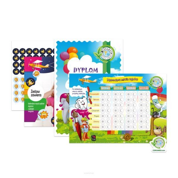 TABLICA MOTYWACYJNA DLA DZIECI KALENDARZ MYCIA ZĘBÓW ZESTAW NAKLEJKI DYPLOM