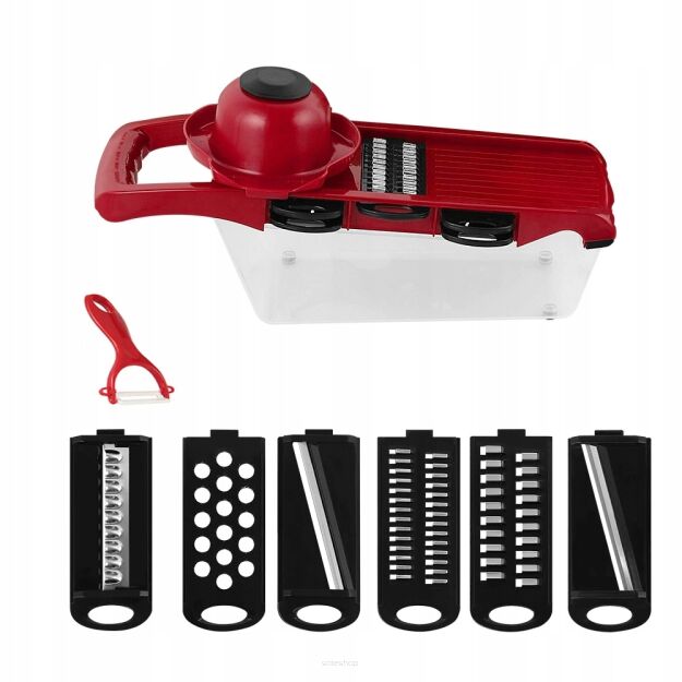 KRAJALNICA SZATKOWNICA DO WARZYW I OWOCÓW Z OBIERACZKĄ 6W1 TARKA POJEMNIK NAKŁADKI PLASTRY PASKI SZATKOWANIE