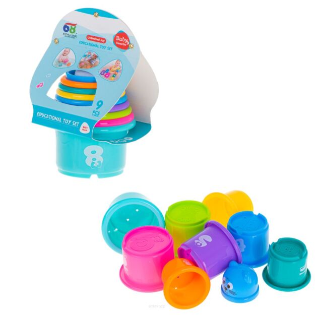 KUBECZKI EDUKACYJNE PIRAMIDA WIEŻA UKŁADANKA Z CYFRAMI OWOCAMI I ZWIERZĄTKAMI ZABAWKA DLA NIEMOWLĄT DZIECI