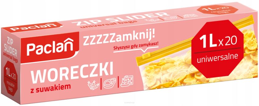 PACLAN WORECZKI TOREBKI STRUNOWE Z SUWAKIEM ZAMYKANE DO PRZECHOWYWANIA ŻYWNOŚCI MROŻENIA 1L 20 SZT