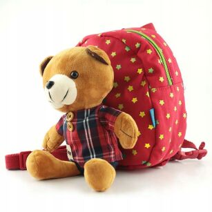 CZERWONY PLECAK PLECACZEK DLA PRZEDSZKOLAKA DO PRZEDSZKOLA ŻŁOBKA Z ODPINANĄ MASKOTKĄ + SMYCZ