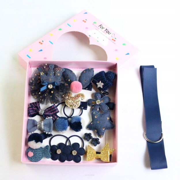 GRANATOWY ZESTAW OZDOBNE SPINKI GUMKI FROTKI OZDOBY DO WŁOSÓW DLA DZIEWCZYNKI SPINECZKI W PUDEŁKU MIX