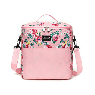 TORBA TERMICZNA RÓŻOWA W KWIATY 11L  IZOTERMICZNA NA ŻYWNOŚĆ I NAPOJE Z PASKIEM NA RAMIĘ