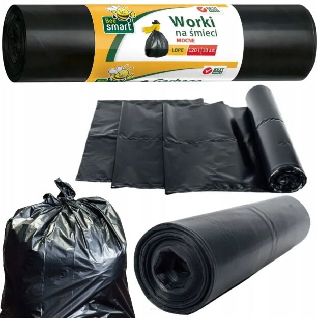 WORKI NA ŚMIECI ODPADY ODPADKI PACLAN BEE SMART 120L 10SZT LDPE WYTRZYMAŁE MOCNE CZARNE
