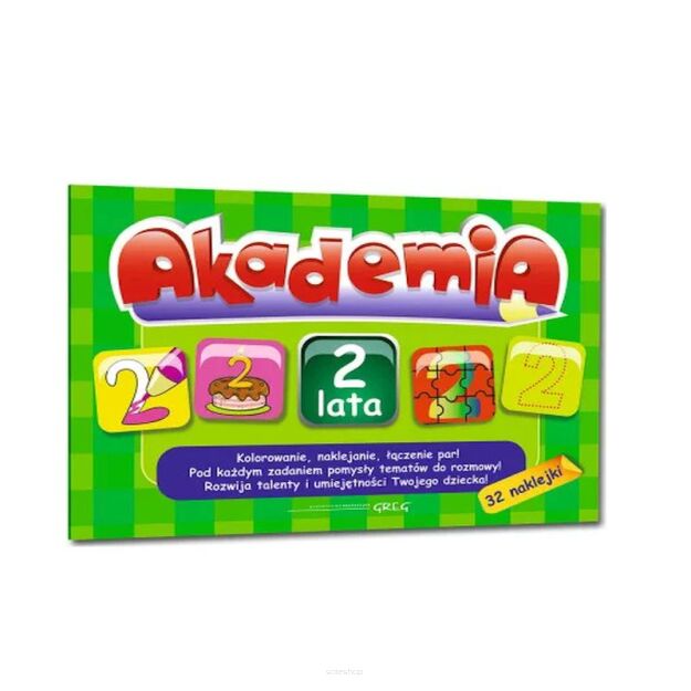 AKADEMIA 2-LATKA ZESZYT ĆWICZEŃ KSIĄŻECZKA DLA NAJMŁODSZYCH KOLOROWANKA NAKLEJKI ALBUM Z NAKLEJKAMI