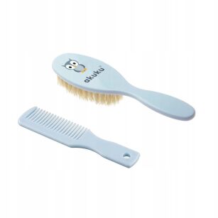 AKUKU ZESTAW SZCZOTKA Z WŁOSIA NATURALNEGO + GRZEBIEŃ GRZEBYK DLA NIEMOWLĄT DZIECI 0m+ NIEBIESKA