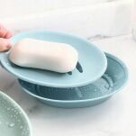 NIEBIESKA DUŻA PLASTIKOWA MYDELNICZKA PODSTAWKA NA MYDŁO Z OCIEKACZEM Z ODPŁYWEM PODSTAWKĄ NA UMYWALKĘ WANNĘ - 3