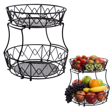 KOSZ KOSZYK NA OWOCE WARZYWA PIĘTROWY METALOWY DUŻY CZARNY OKRĄGŁY AŻUROWY