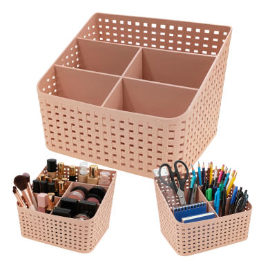 RÓŻOWY ORGANIZER NA KOSMETYKI NA BIURKO Z PRZEGRÓDKAMI PRZYBORNIK POJEMNIK