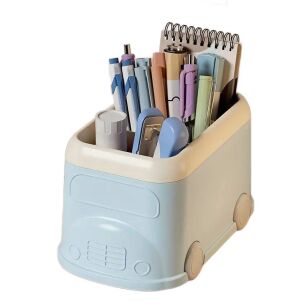 NIEBIESKI ORGANIZER PRZYBORNIK POJEMNIK NA BIURKO DLA DZIECI NA KREDKI DŁUGOPISY PRZYBORY AUTKO AUTOBUS