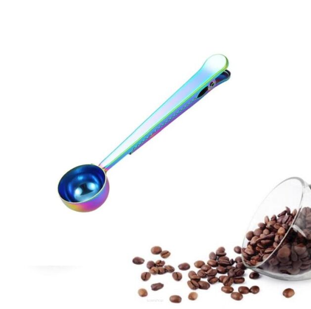 TĘCZOWY KLIPS SPINACZ DO ZAMYKANIA TOREBEK OPAKOWAŃ Z MIARKĄ DO KAWY PRZYPRAW