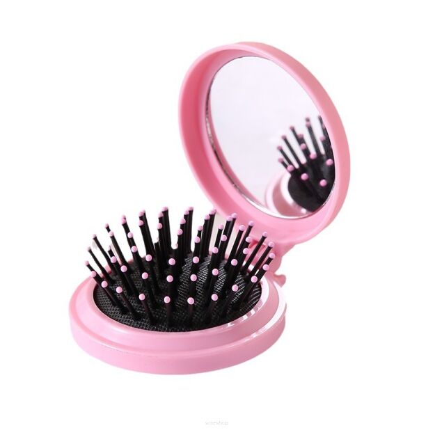 RÓŻOWA SKŁADANA MINI SZCZOTKA DO ROZCZESYWANIA WŁOSÓW GRZEBIEŃ DO TOREBKI PODRÓŻNA Z LUSTERKIEM