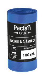 WORKI NA ŚMIECI WIĄZANE PACLAN 60L 100 SZTUK WYTRZYMAŁE MOCNE Z USZAMI DUŻA ROLKA
