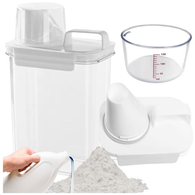 ZAMYKANY POJEMNIK ORGANIZER ŁAZIENKOWY PUDEŁKO NA PROSZEK DO PRANIA PŁYN DO PŁUKANIA DETERGENTY KAPSUŁKI Z MIARKĄ DOZOWNIKIEM 1800ml 1,8L