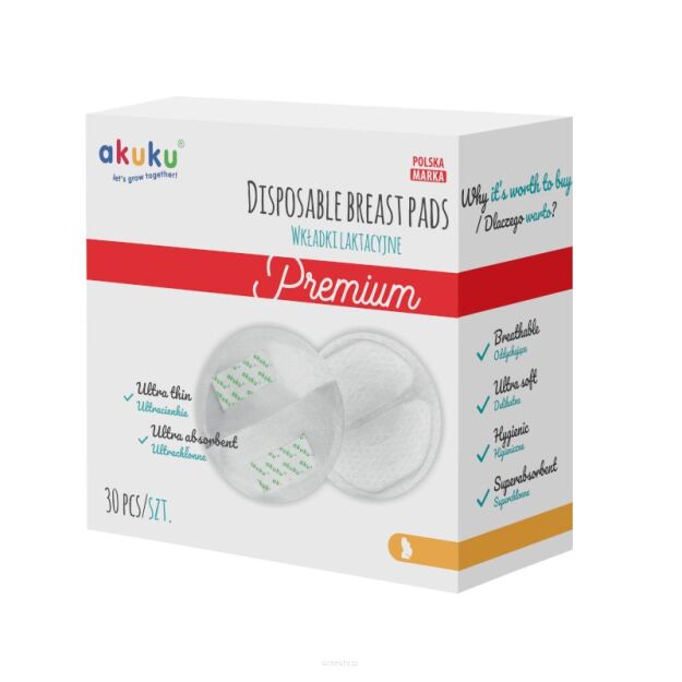 AKUKU WKŁADKI LAKTACYJNE CHŁONNE JEDNORAZOWE SAMOPRZYLEPNE ŻELUJĄCE 30SZT ULTRACIENKIE 1MM DYSKRETNE