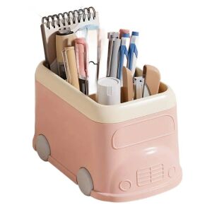 RÓŻOWY ORGANIZER PRZYBORNIK POJEMNIK NA BIURKO DLA DZIECI NA KREDKI DŁUGOPISY PRZYBORY AUTKO AUTOBUS